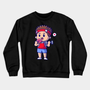 Cute Boy Lifting Barbell And Eating Doughnut Cartoon Crewneck Sweatshirt